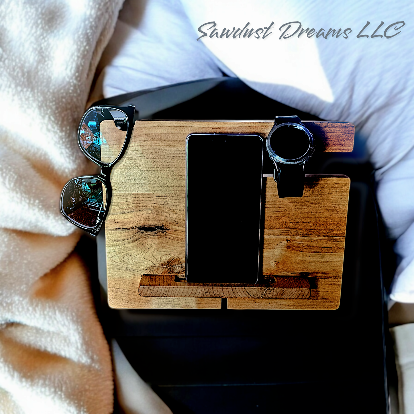 Maple Bedside Device Organizer with Charging Port